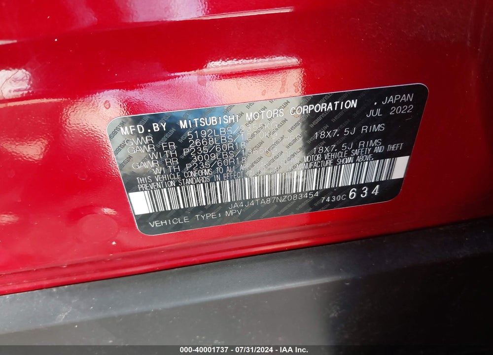 2022 MITSUBISHI OUTLANDER ES 2.5 S-AWC VIN: JA4J4TA87NZ083454