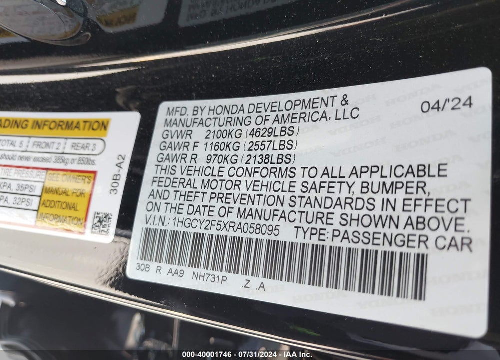 2024 HONDA ACCORD HYBRID SPORT VIN: 1HGCY2F5XRA058095