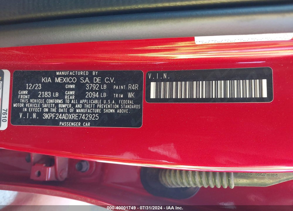2024 KIA FORTE LXS VIN: 3KPF24ADXRE742925