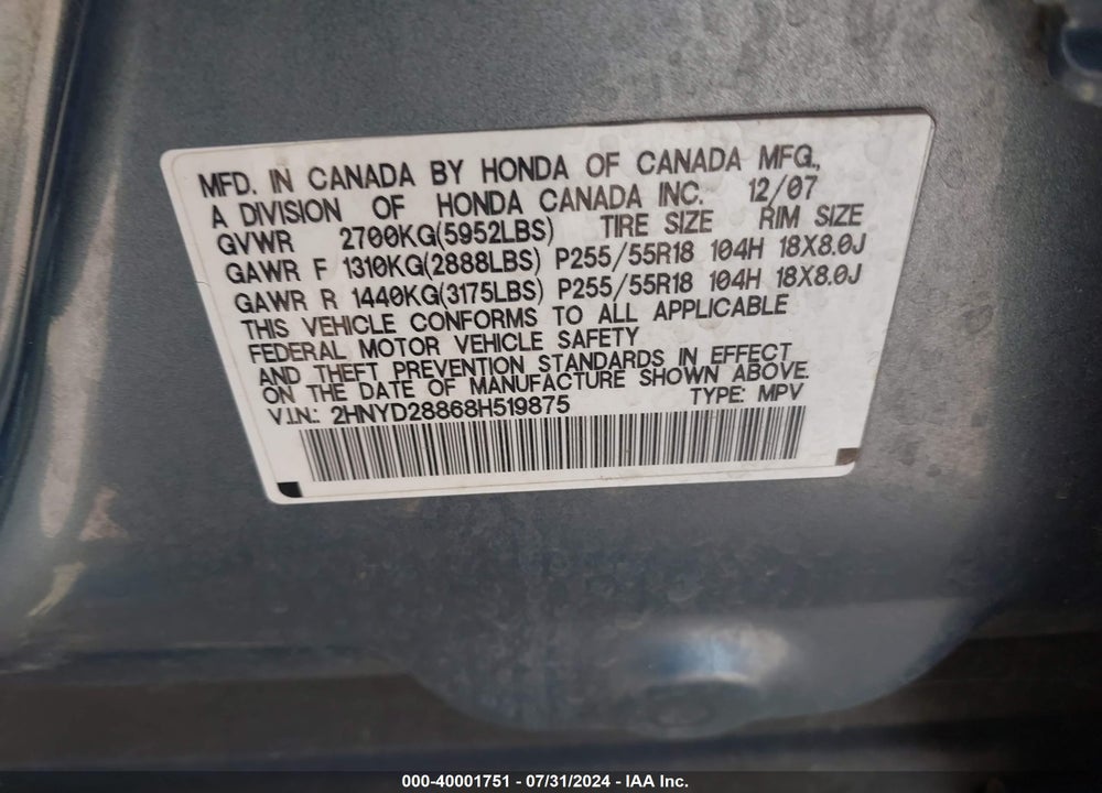 2008 ACURA MDX SPORT PACKAGE VIN: 2HNYD28868H519875