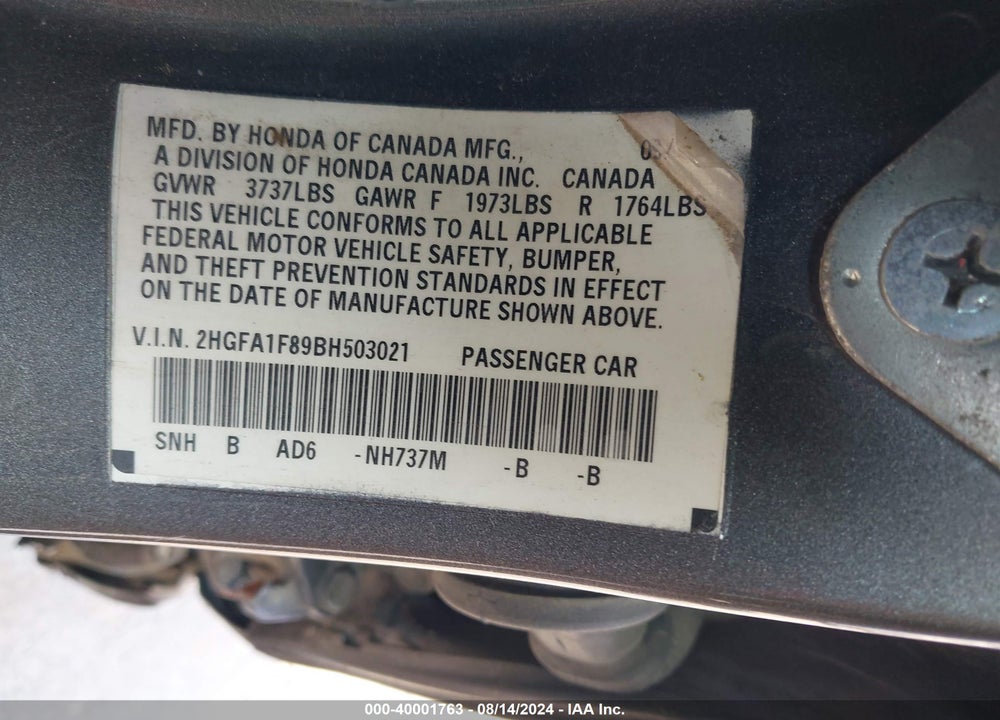 2011 HONDA CIVIC EX VIN: 2HGFA1F89BH503021