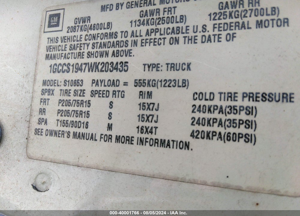 1998 CHEVROLET S-10 LS FLEETSIDE VIN: 1GCCS1947WK203435