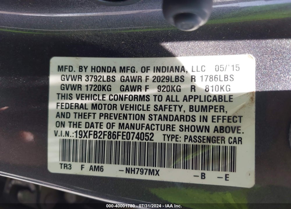 2015 HONDA CIVIC EX VIN: 19XFB2F86FE074052