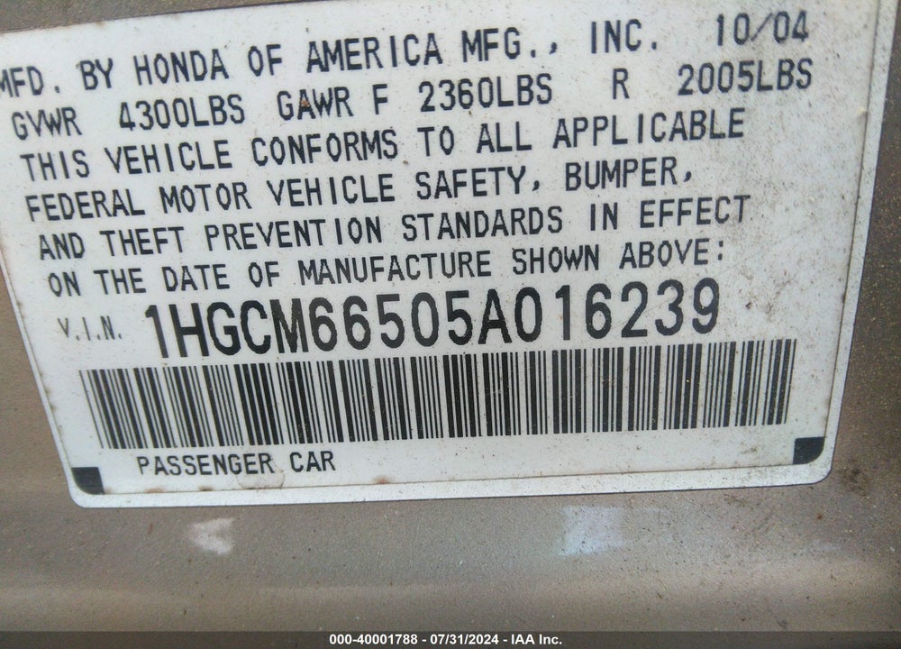 2005 HONDA ACCORD 3.0 EX VIN: 1HGCM66505A016239