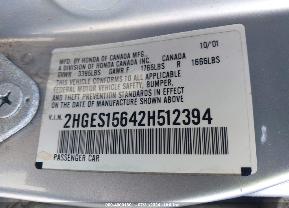 2002 HONDA CIVIC LX VIN: 2HGES15642H512394