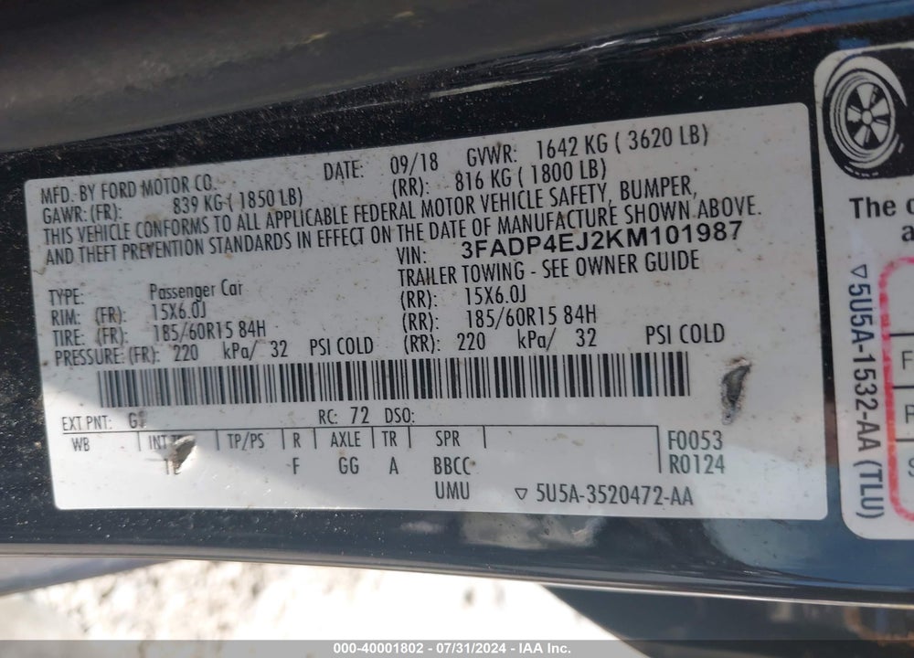 2019 FORD FIESTA SE VIN: 3FADP4EJ2KM101987