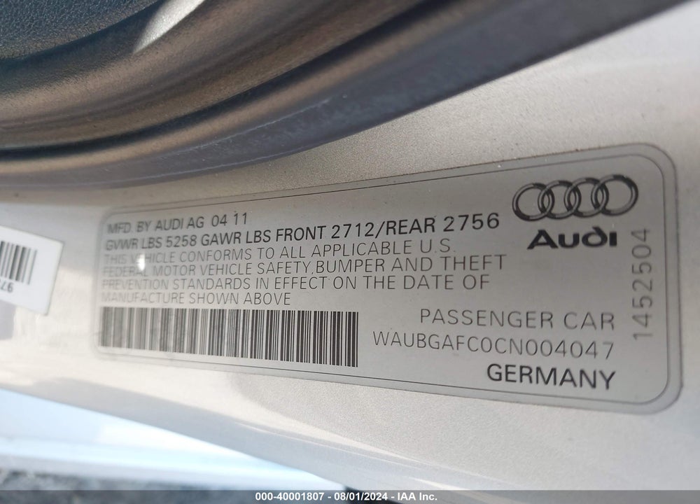 2012 AUDI A6 3.0 PREMIUM VIN: WAUBGAFC0CN004047