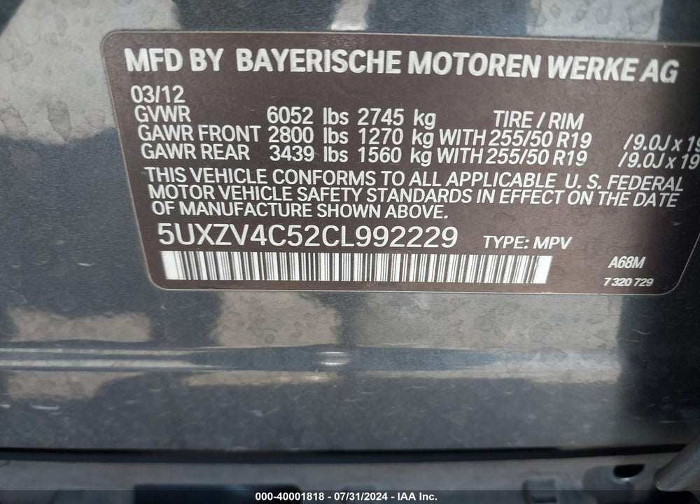 2012 BMW X5 XDRIVE35I/XDRIVE35I PREMIUM/XDRIVE35I SPORT ACTIVITY VIN: 5UXZV4C52CL992229