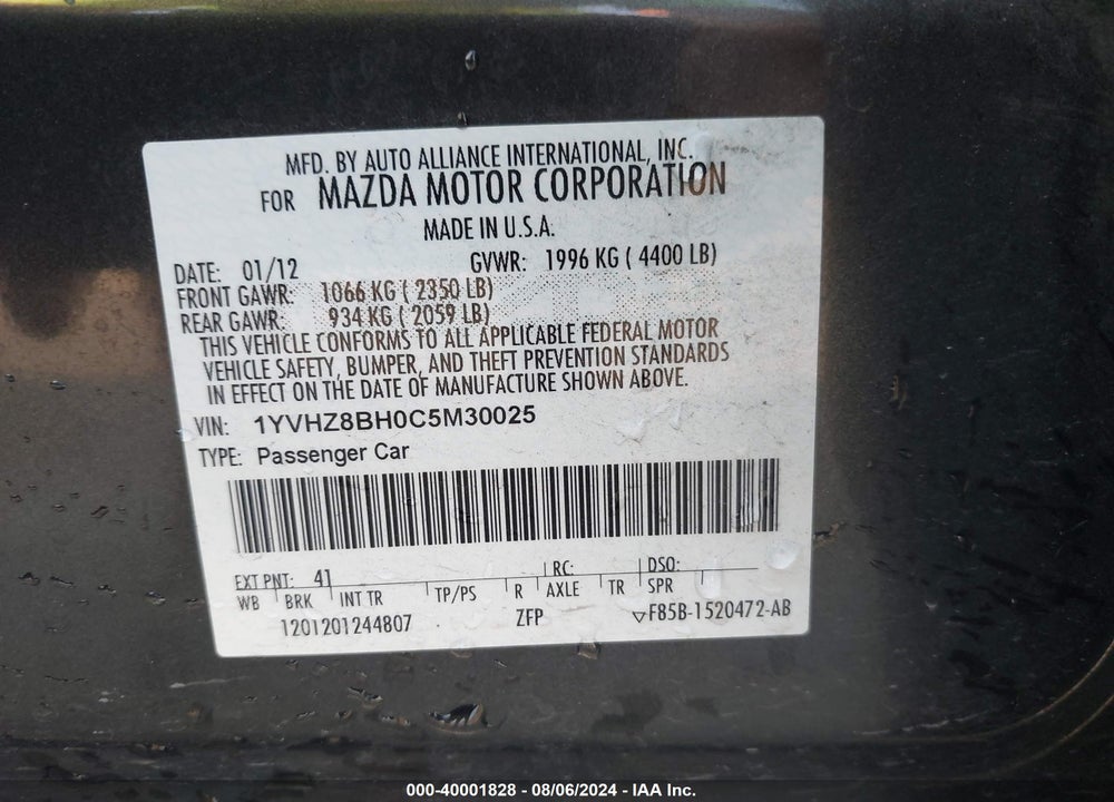 2012 MAZDA 6 I SPORT VIN: 1YVHZ8BH0C5M30025