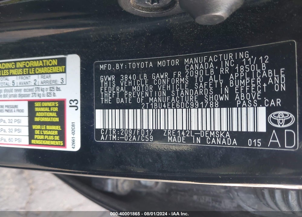 2013 TOYOTA COROLLA S VIN: 2T1BU4EE6DC991788