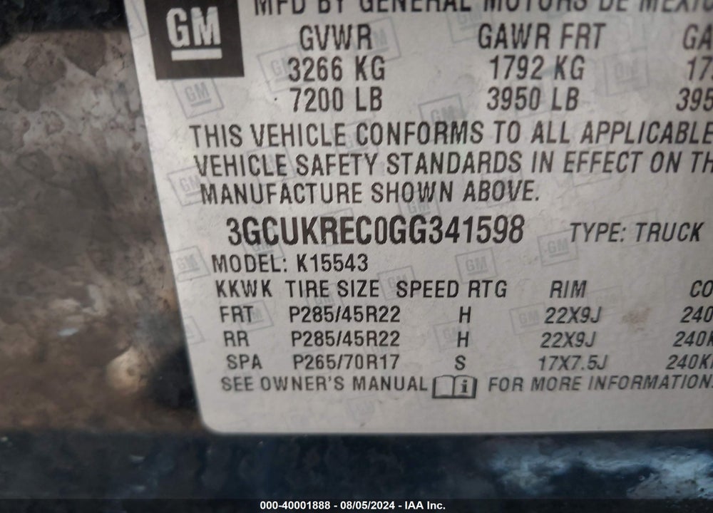 2016 CHEVROLET SILVERADO 1500 2LT VIN: 3GCUKREC0GG341598