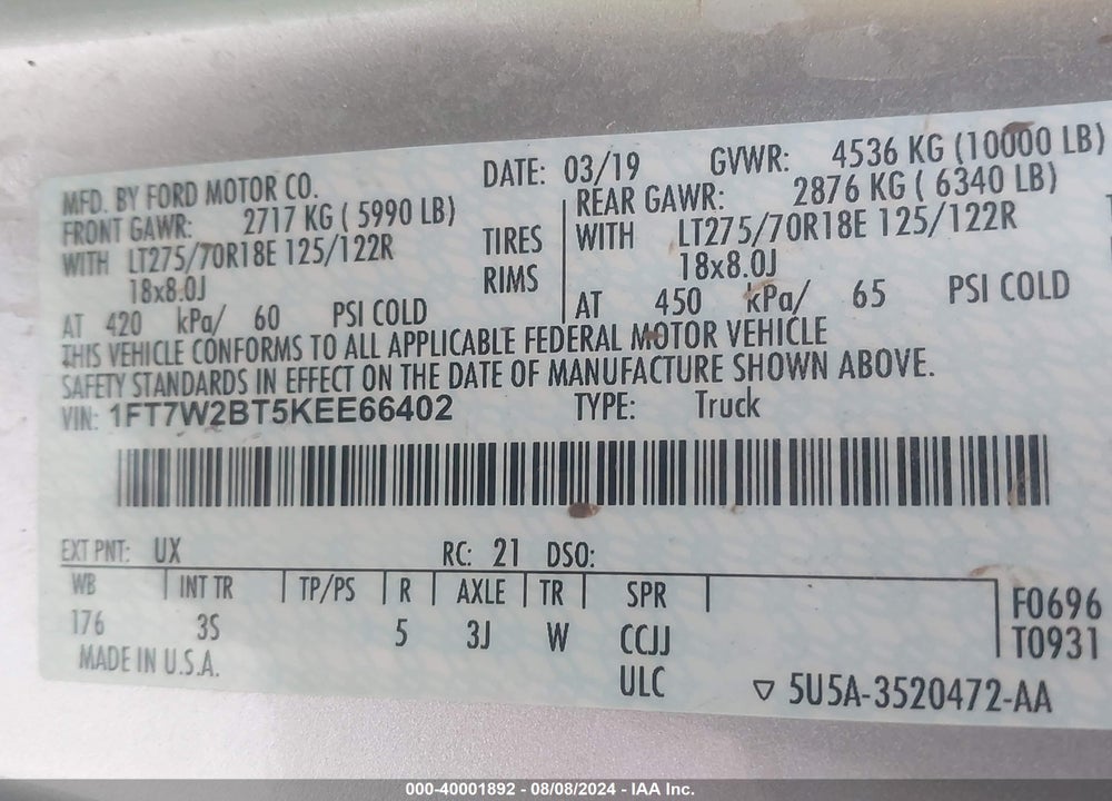 2019 FORD F-250 XLT VIN: 1FT7W2BT5KEE66402