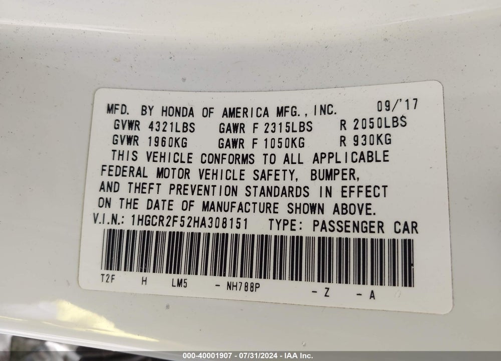 2017 HONDA ACCORD SPORT VIN: 1HGCR2F52HA308151