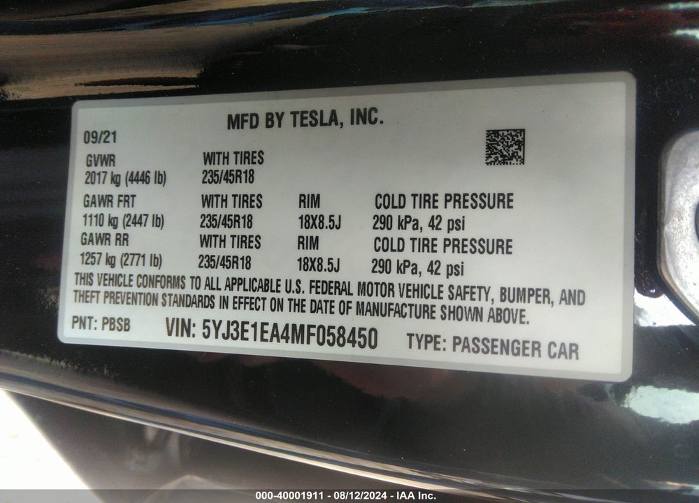 2021 TESLA MODEL 3 STANDARD RANGE PLUS REAR-WHEEL DRIVE VIN: 5YJ3E1EA4MF058450