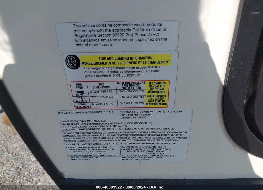 2016 KODIAK 264RLSL VIN: 4YDT26423GJ970187