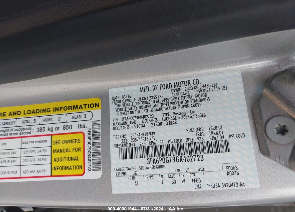 2016 FORD FUSION VIN: 3FA6P0G79GR402723