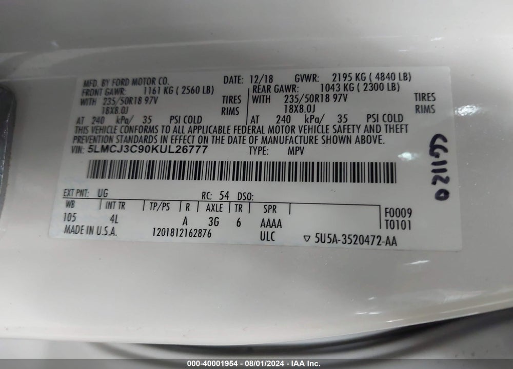 2019 LINCOLN MKC RESERVE VIN: 5LMCJ3C90KUL26777