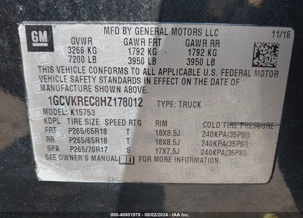 2017 CHEVROLET SILVERADO 1500 2LT VIN: 1GCVKREC8HZ178012
