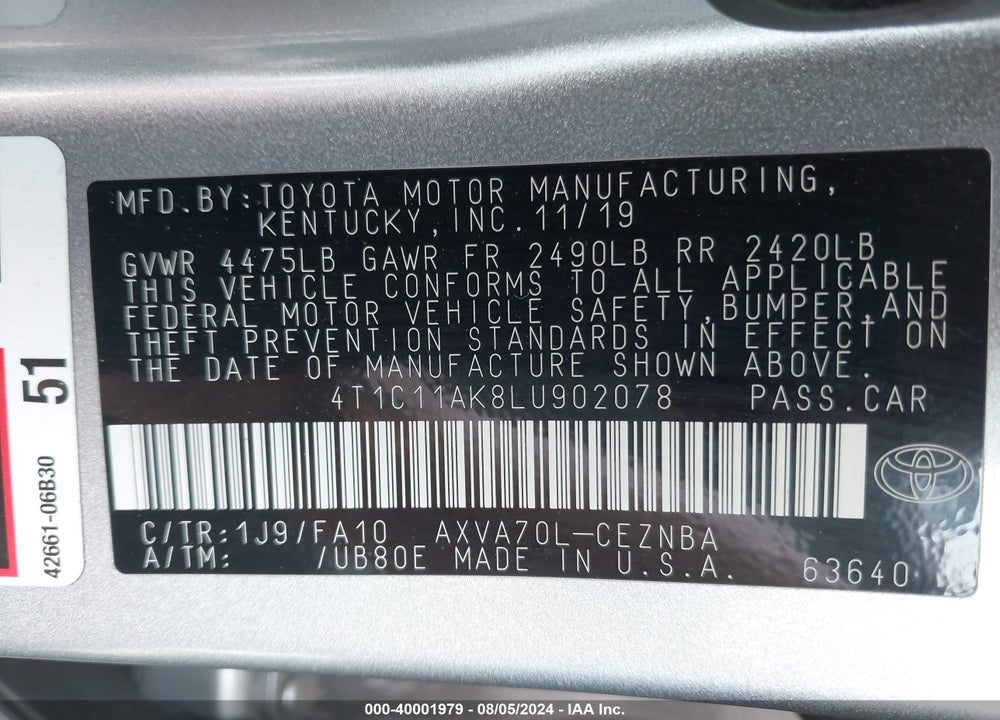 2020 TOYOTA CAMRY LE VIN: 4T1C11AK8LU902078