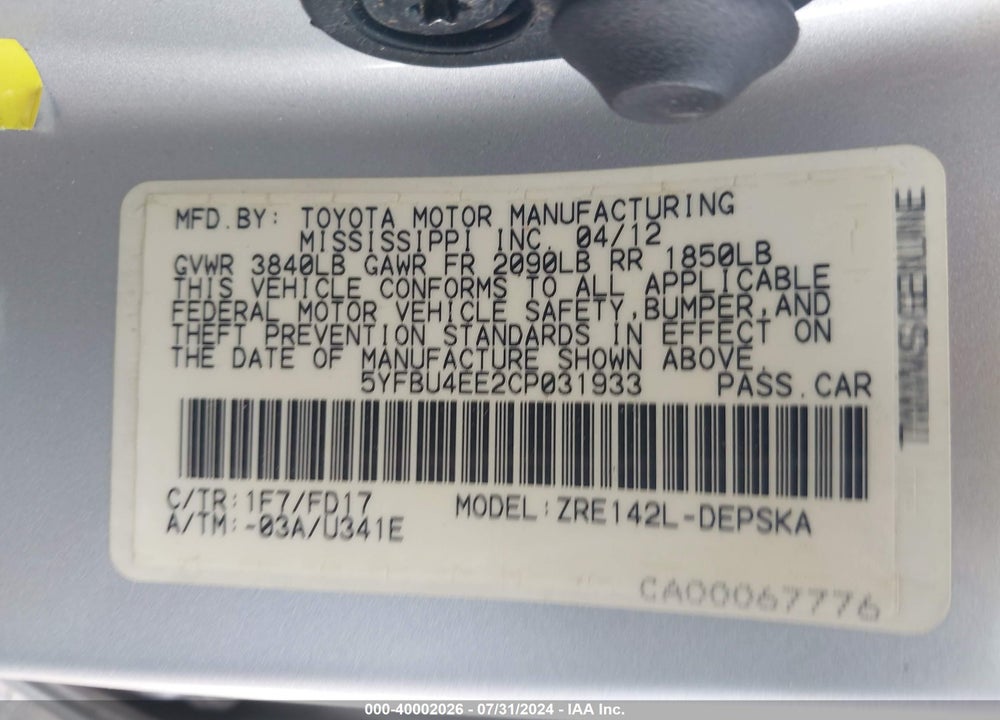 2012 TOYOTA COROLLA S VIN: 5YFBU4EE2CP031933