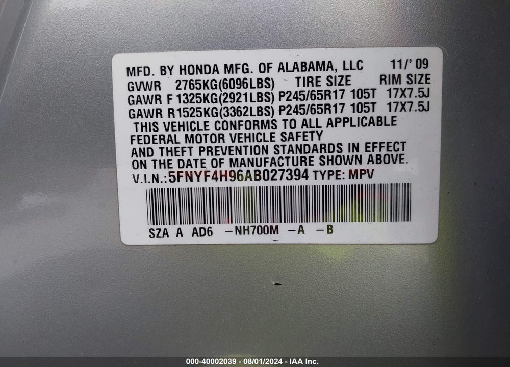 2010 HONDA PILOT TOURING VIN: 5FNYF4H96AB027394