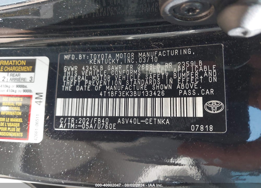 2011 TOYOTA CAMRY LE VIN: 4T1BF3EK3BU133426