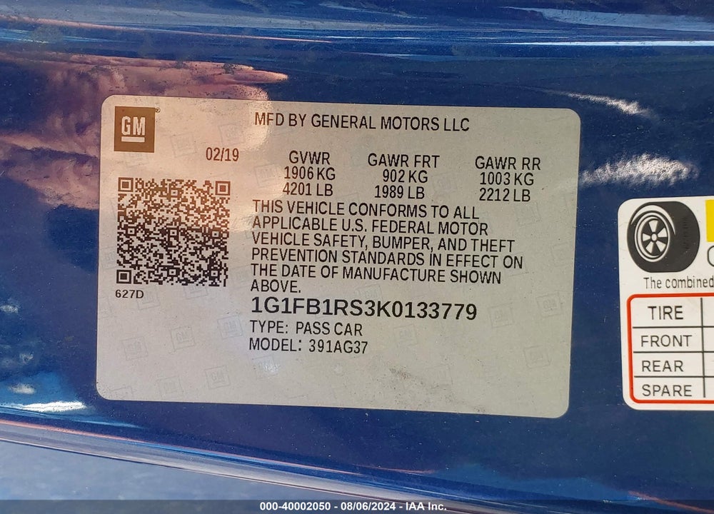2019 CHEVROLET CAMARO 1LT VIN: 1G1FB1RS3K0133779