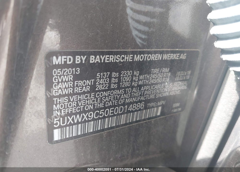 2014 BMW X3 XDRIVE28I VIN: 5UXWX9C50E0D14886