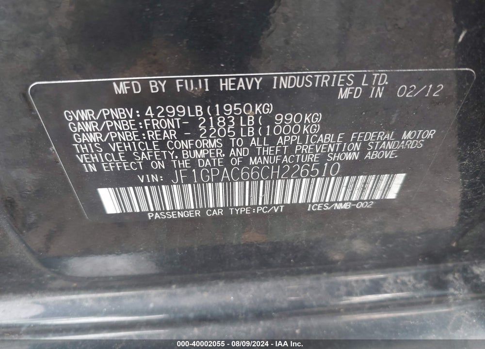 2012 SUBARU IMPREZA 2.0I PREMIUM VIN: JF1GPAC66CH226510