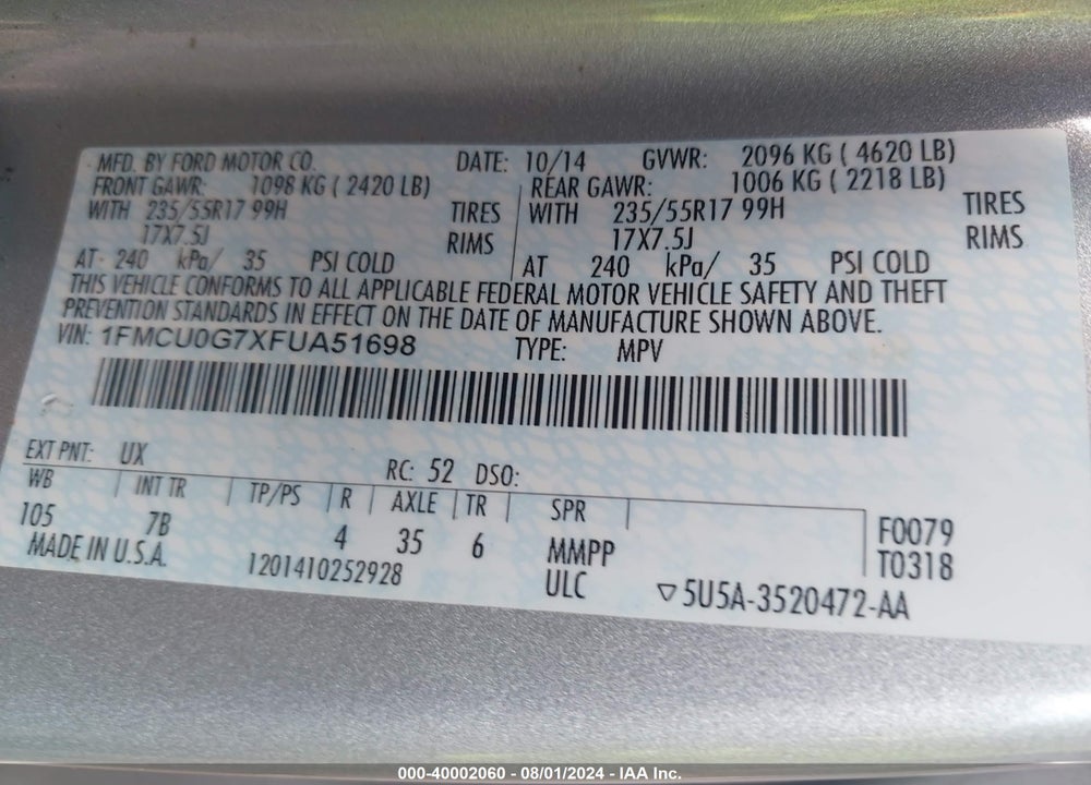 2015 FORD ESCAPE SE VIN: 1FMCU0G7XFUA51698