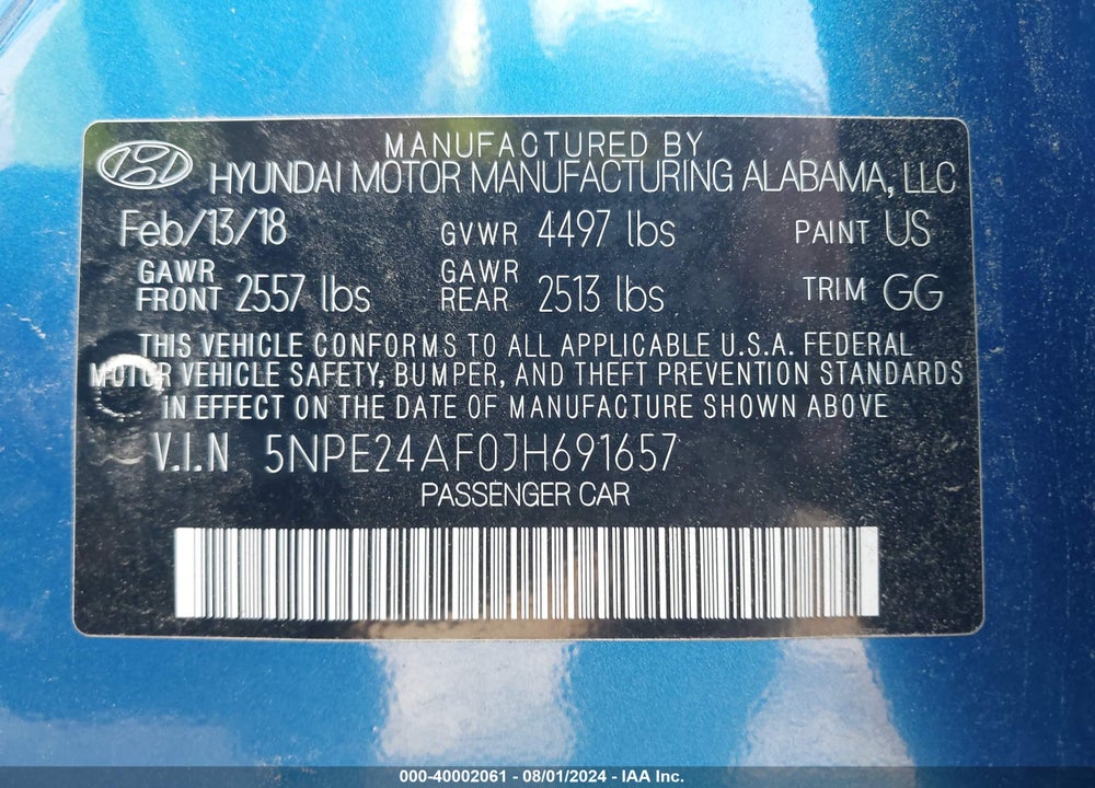 2018 HYUNDAI SONATA SE VIN: 5NPE24AF0JH691657
