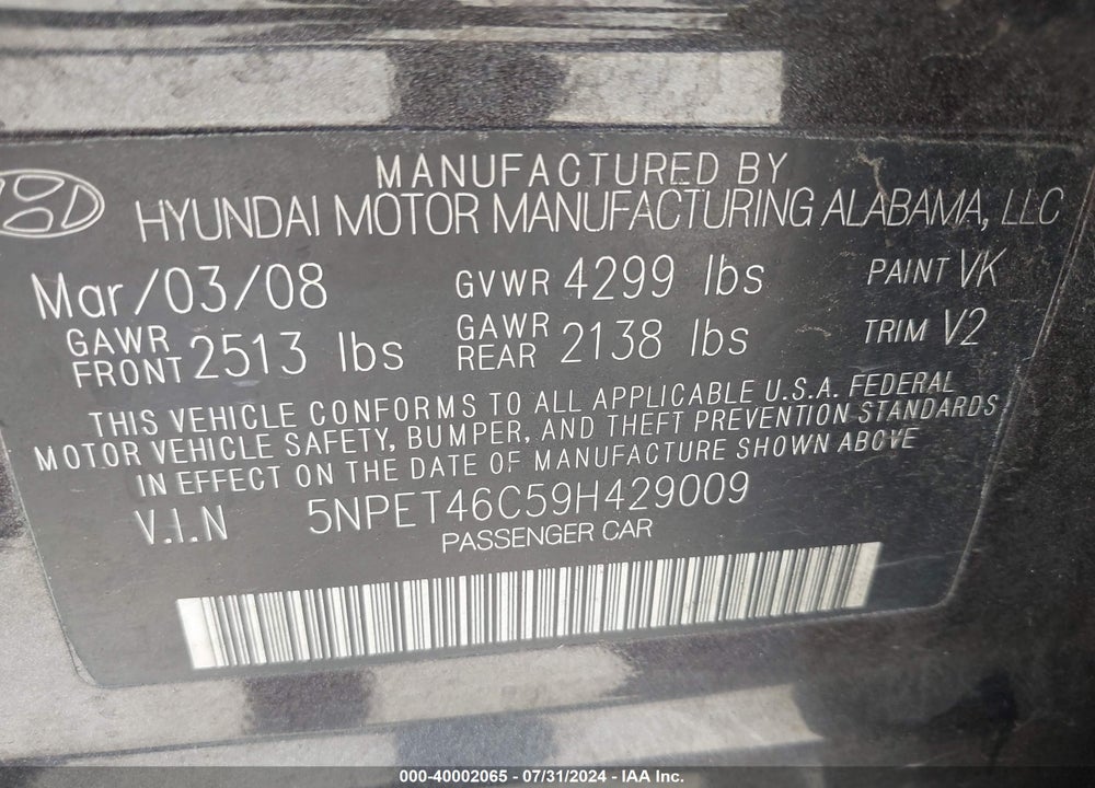 2009 HYUNDAI SONATA GLS VIN: 5NPET46C59H429009
