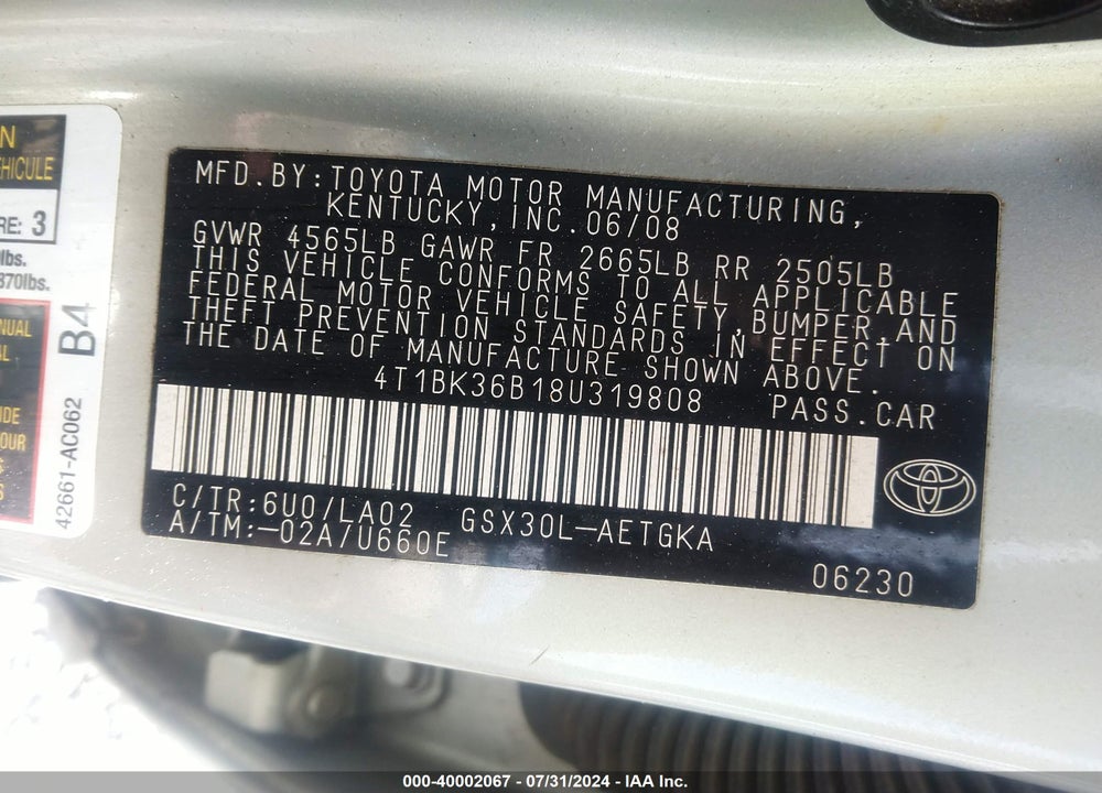 2008 TOYOTA AVALON XLS VIN: 4T1BK36B18U319808