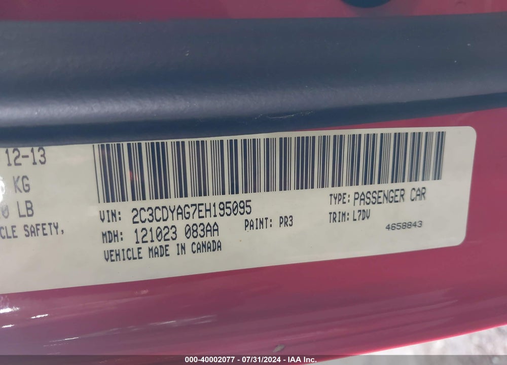 2014 DODGE CHALLENGER SXT VIN: 2C3CDYAG7EH195095