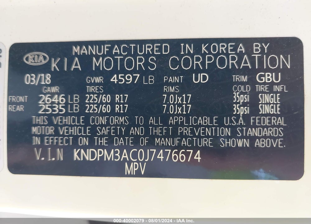 2018 KIA SPORTAGE LX VIN: KNDPM3AC0J7476674