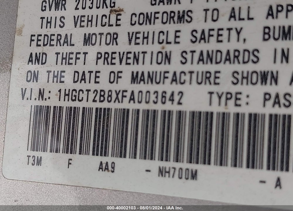 2015 HONDA ACCORD EX-L V-6 VIN: 1HGCT2B8XFA003642