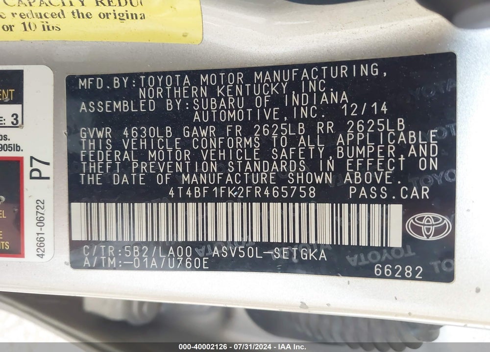 2015 TOYOTA CAMRY XLE VIN: 4T4BF1FK2FR465758