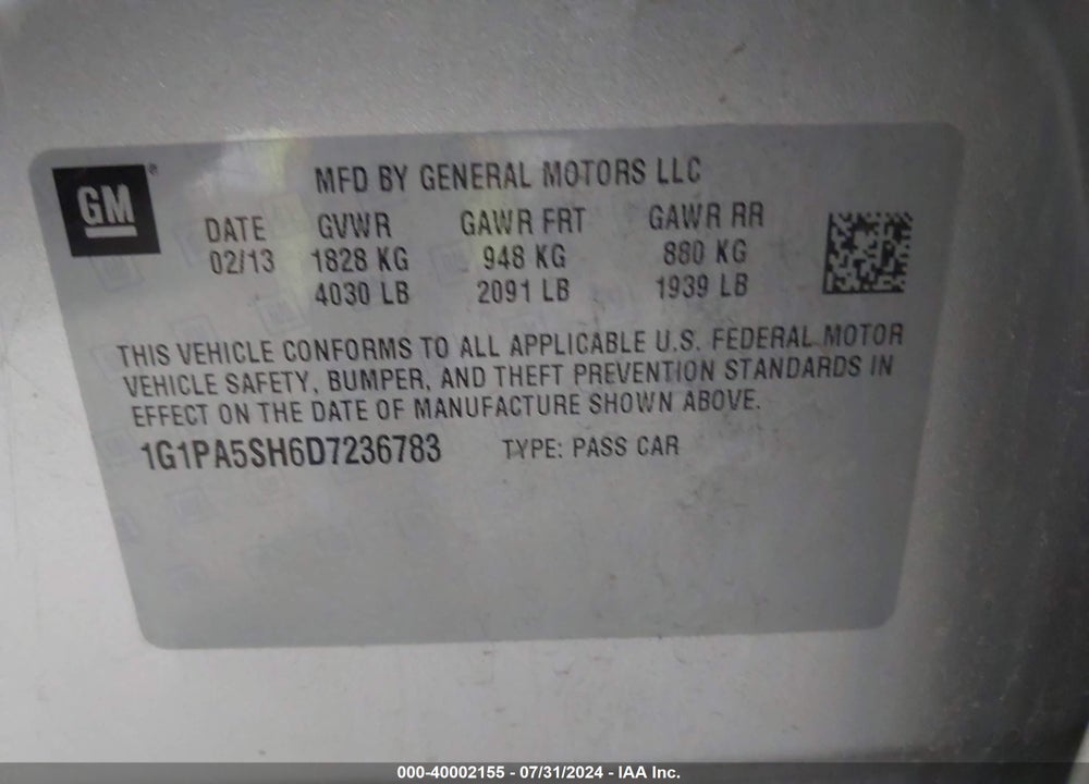 2013 CHEVROLET CRUZE LS AUTO VIN: 1G1PA5SH6D7236783
