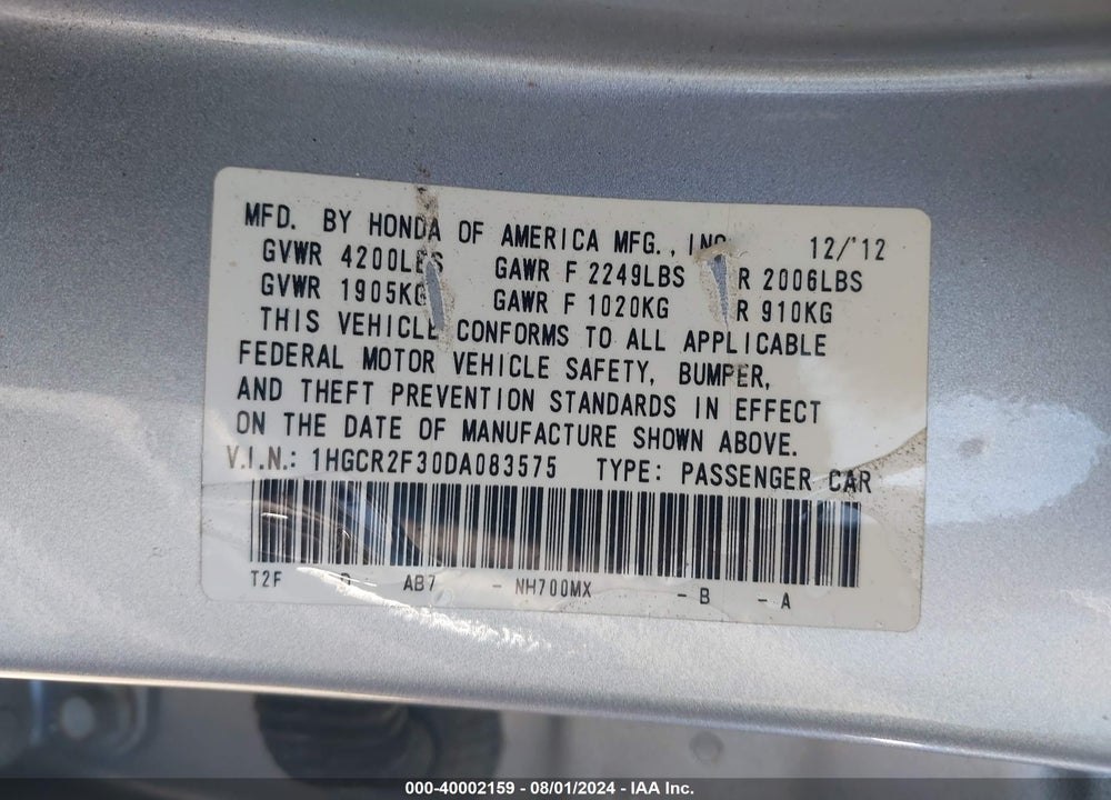 2013 HONDA ACCORD LX VIN: 1HGCR2F30DA083575