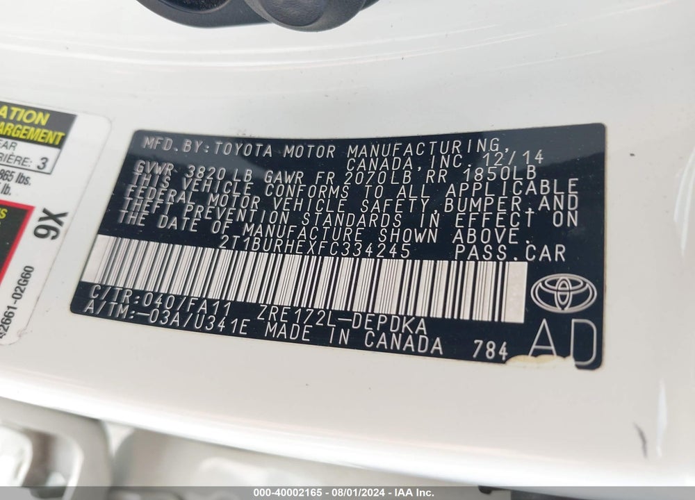 2015 TOYOTA COROLLA L VIN: 2T1BURHEXFC334245