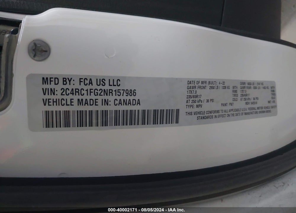 2022 CHRYSLER PACIFICA TOURING VIN: 2C4RC1FG2NR157986