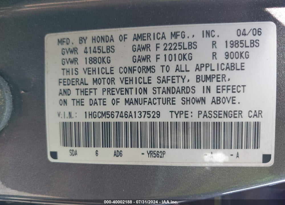 2006 HONDA ACCORD 2.4 EX VIN: 1HGCM56746A137529