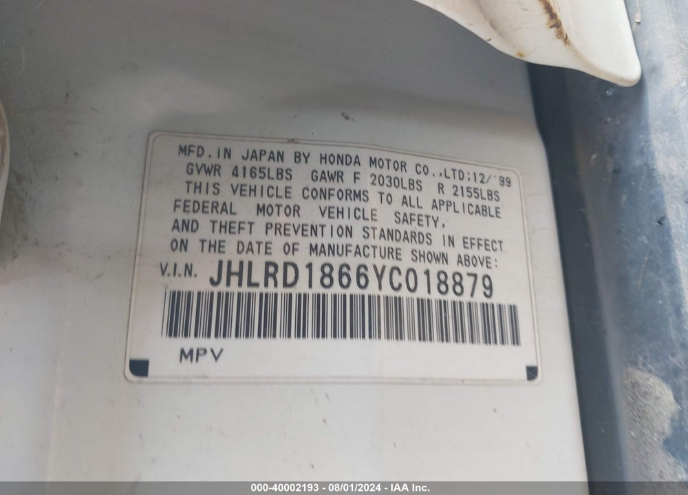 2000 HONDA CR-V EX VIN: JHLRD1866YC018879