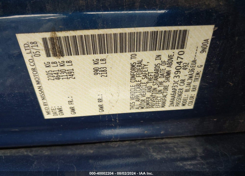 2018 NISSAN MAXIMA VIN: 1N4AA6AP3JC390470