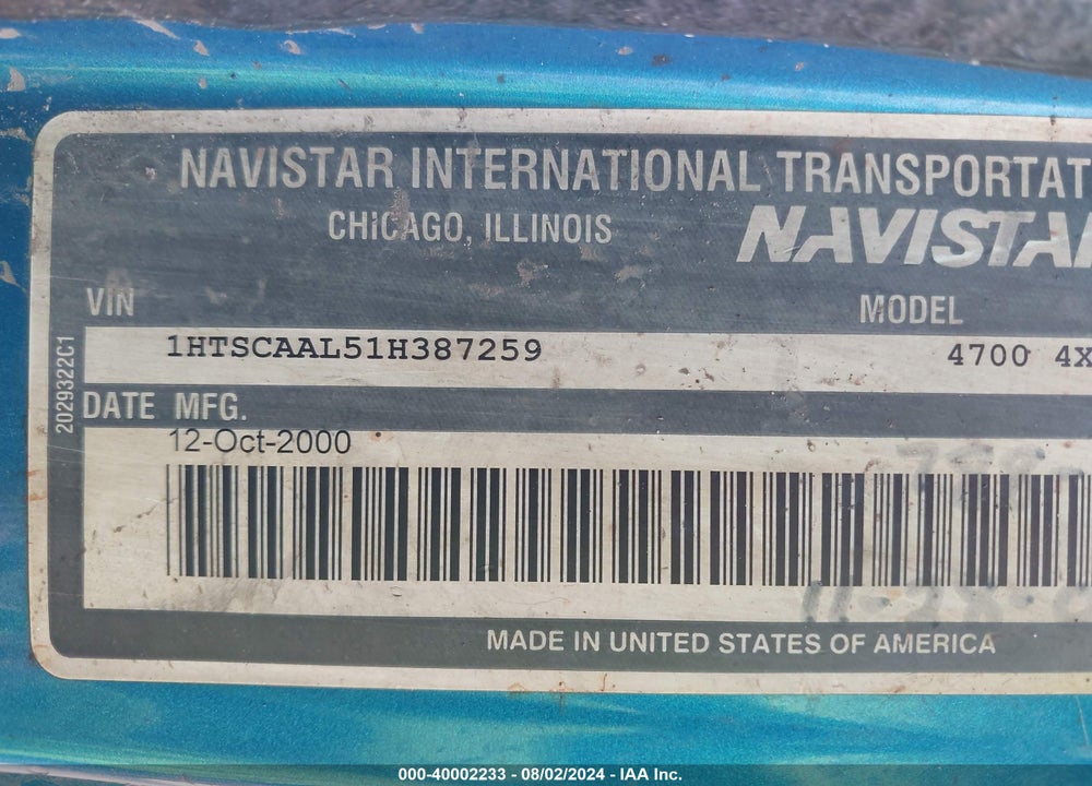 2001 INTERNATIONAL 4000 4700 VIN: 1HTSCAAL51H387259