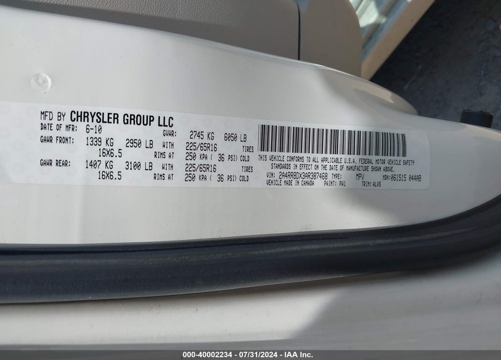 2010 CHRYSLER TOWN & COUNTRY TOURING PLUS VIN: 2A4RR8DX3AR387468