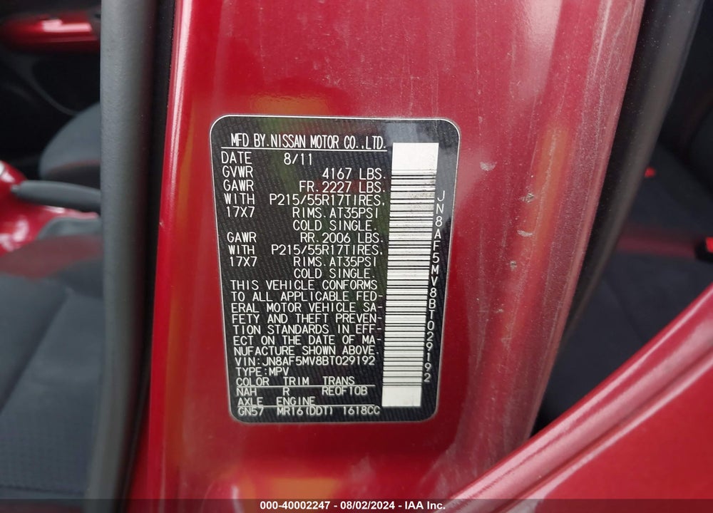 2011 NISSAN JUKE SV VIN: JN8AF5MV8BT029192