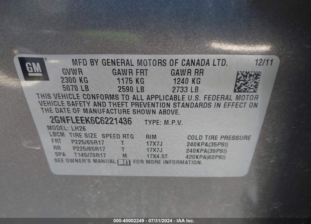 2012 CHEVROLET EQUINOX 1LT VIN: 2GNFLEEK6C6221436