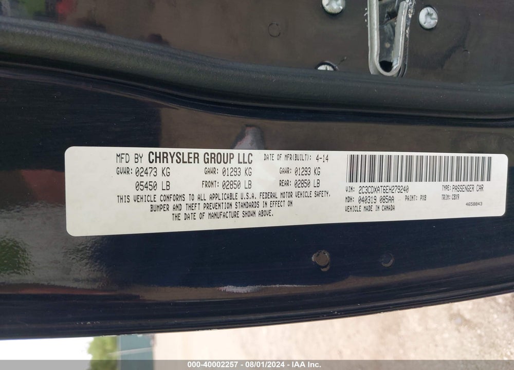 2014 DODGE CHARGER POLICE VIN: 2C3CDXAT6EH279240