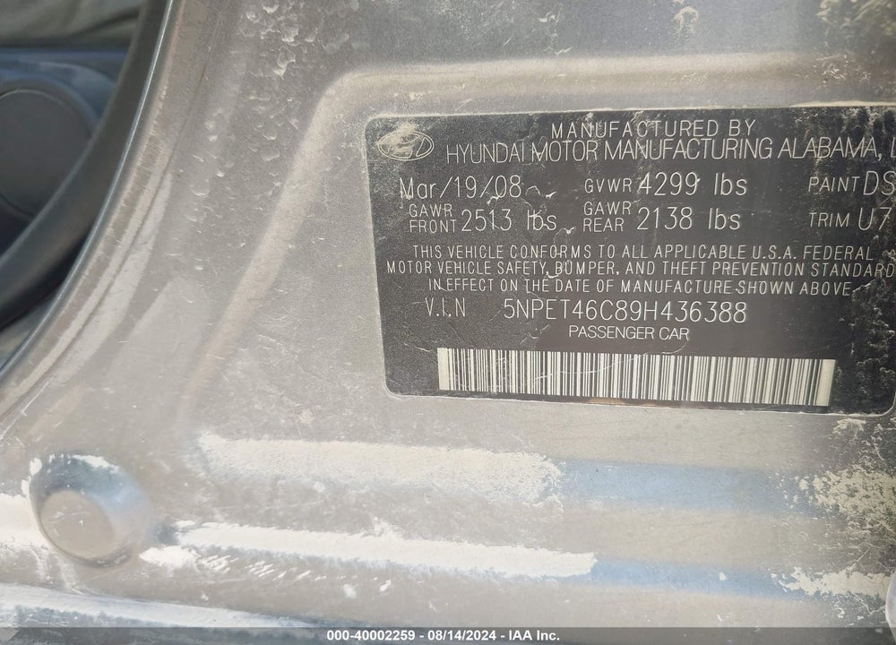 2009 HYUNDAI SONATA GLS VIN: 5NPET46C89H436388